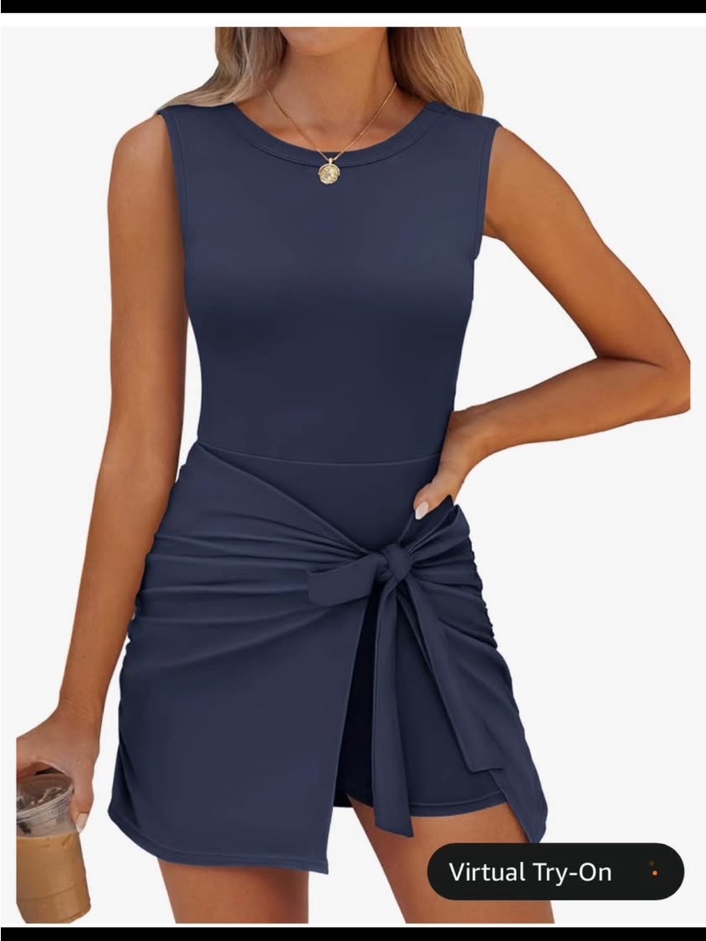 Sleeveless Navy Tie-Waist Mini Dress